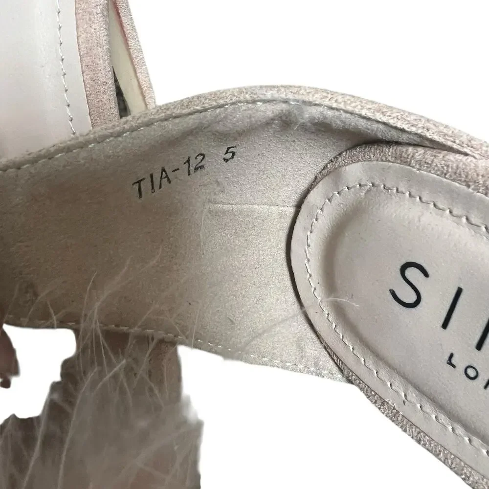 Simmi London Tan Beige Suede Stiletto Heel Feathered Sandals Size 8